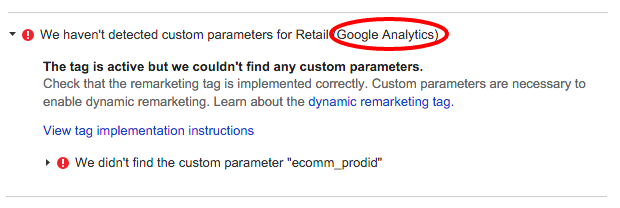 Google Analytics Dynamic Remarketing Error Example